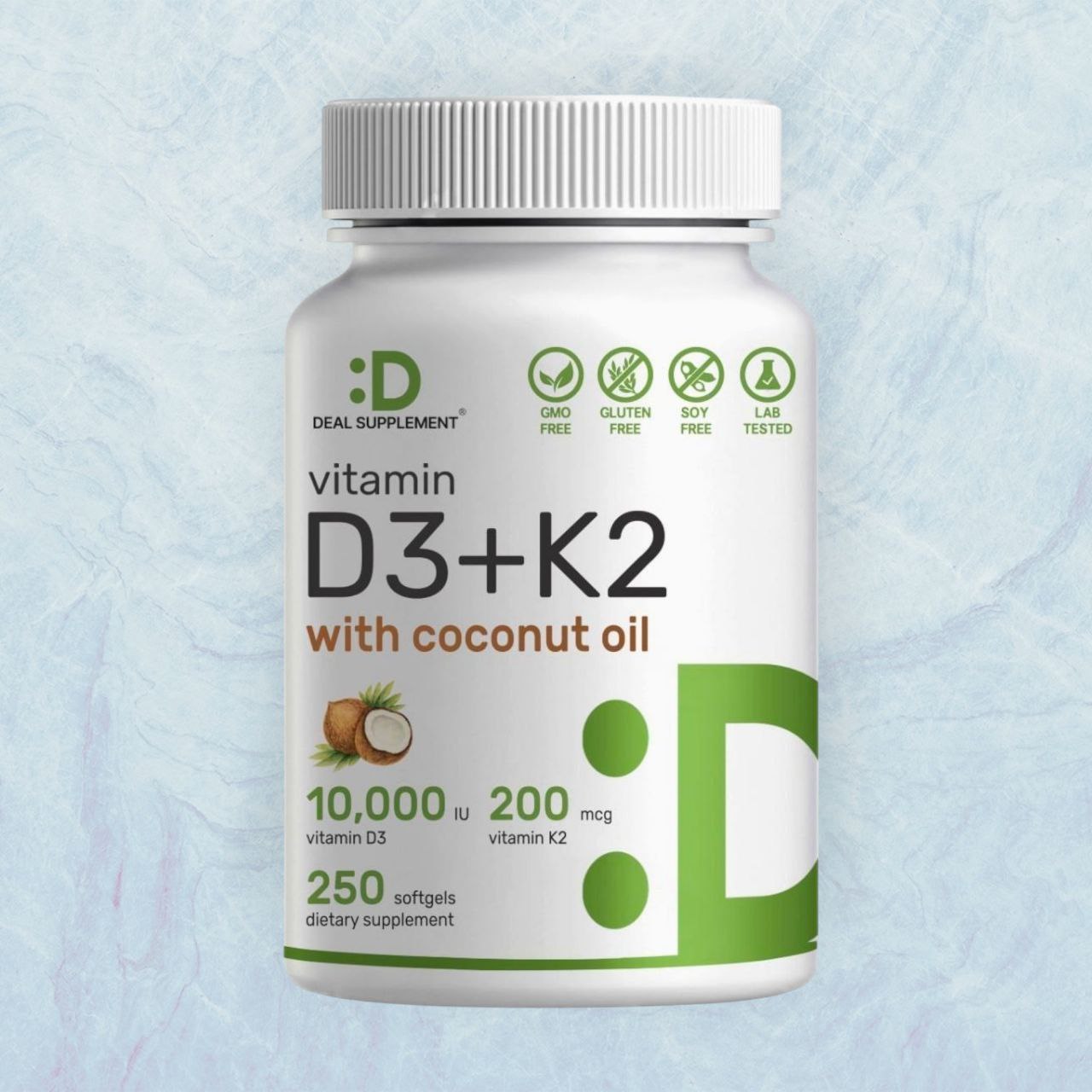 مكمل غذائي DEAL فيتامين د3 10000 وحدة دولية + فيتامين ك2 MK7 200 ميكروجرام، 250 كبسولة