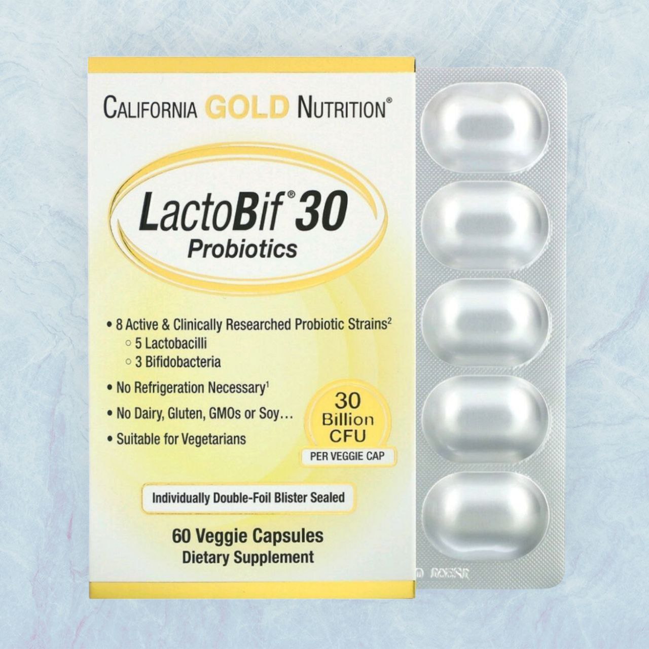 كاليفورنيا غولد نيوتريشن‏, بروبيوتيك LactoBif 30‏، 30 مليار وحدة تشكيل مستعمرة، 60 كبسولة نباتية