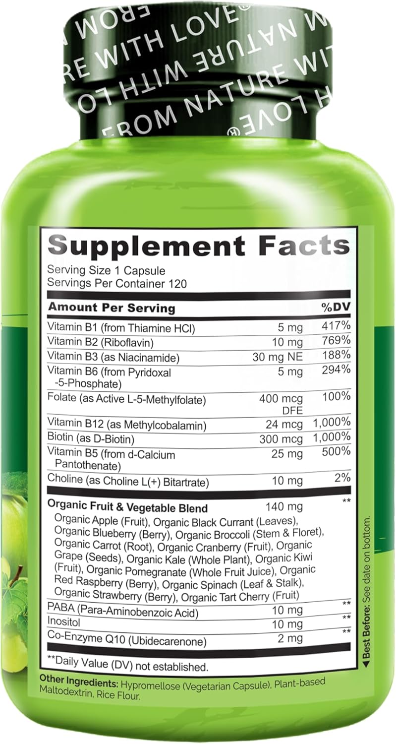 فيتامين ب كومبلكس من NATURELO مع ميثيل ب12، نباتي - 120 كبسولة