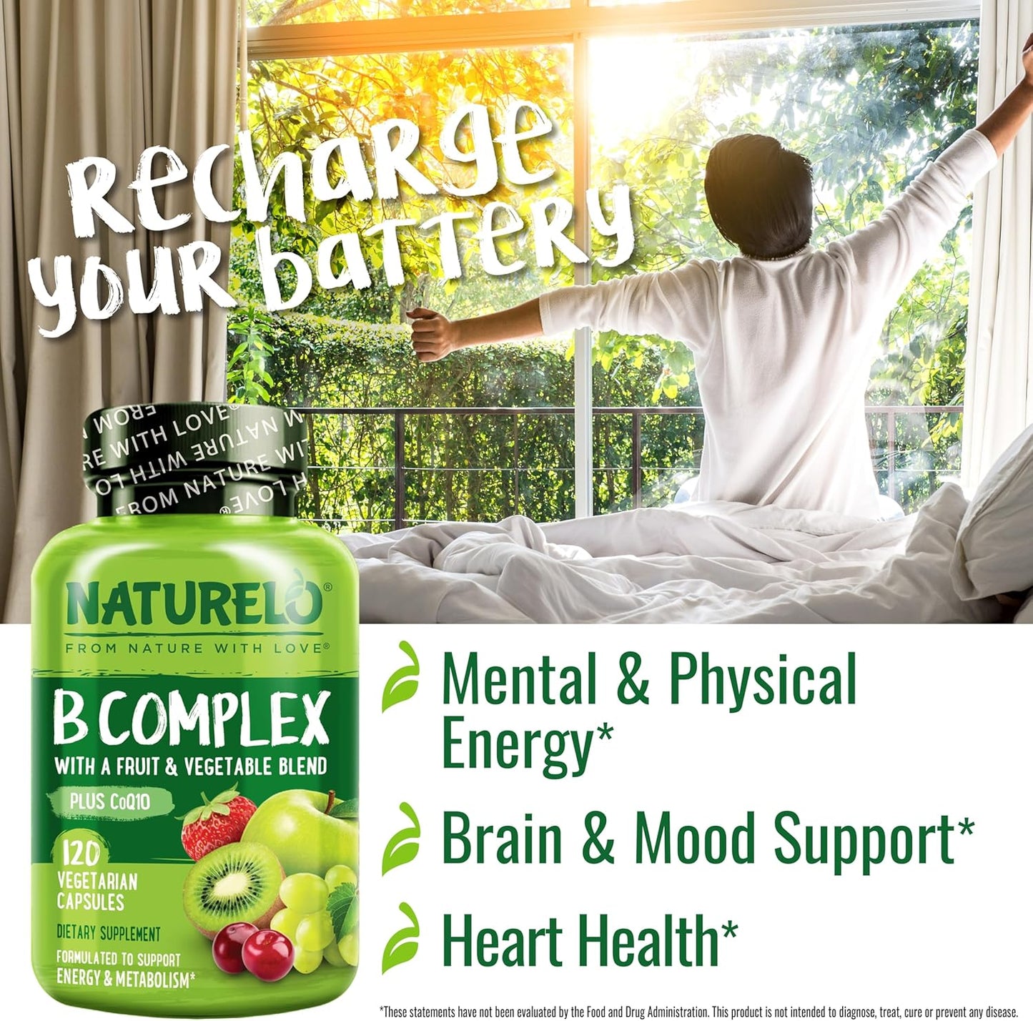 فيتامين ب كومبلكس من NATURELO مع ميثيل ب12، نباتي - 120 كبسولة