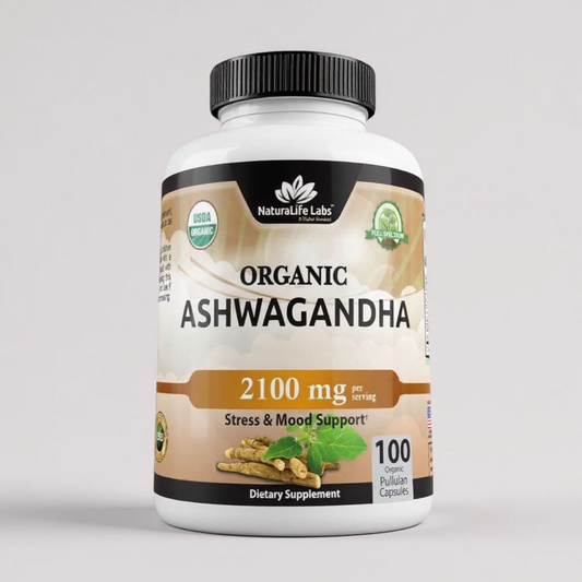 اشواجاندا عضوية 2100 مجم - 100 كبسولة نباتية مسحوق اشواجاندا عضوي نقي ومستخلص الجذور