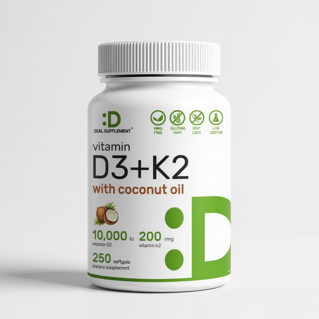 مكمل غذائي DEAL فيتامين د3 10000 وحدة دولية + فيتامين ك2 MK7 200 ميكروجرام،  250 كبسولة