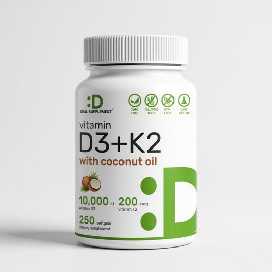 مكمل غذائي DEAL فيتامين د3 10000 وحدة دولية + فيتامين ك2 MK7 200 ميكروجرام،  250 كبسولة