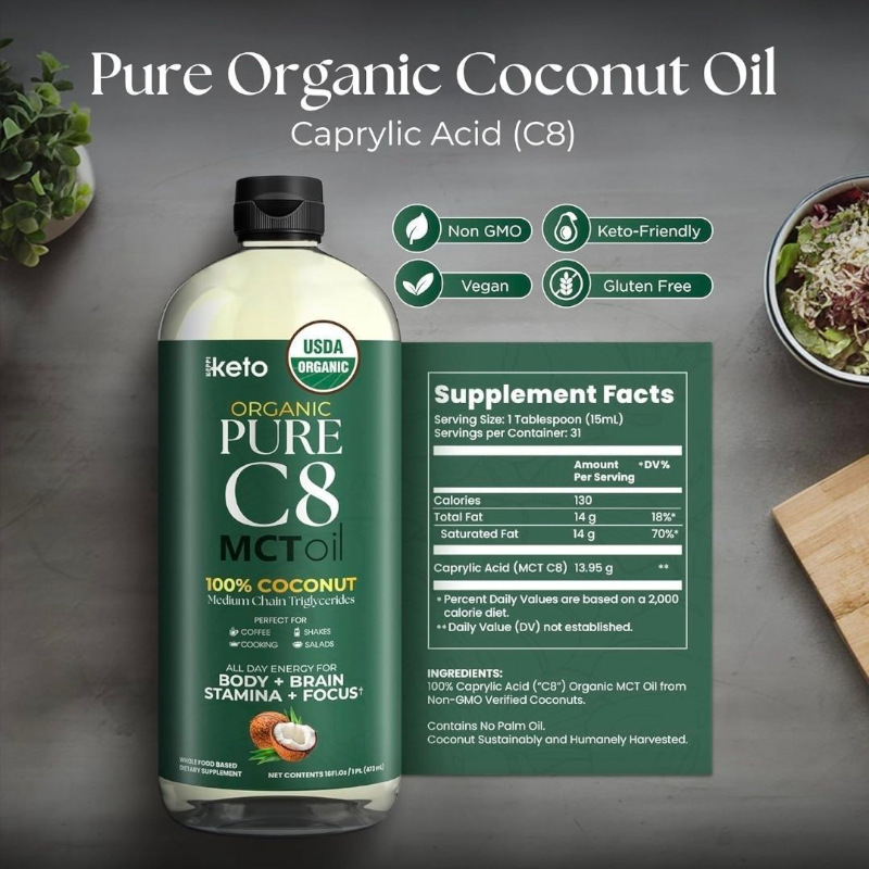 زيت  MCT C8 oil من Keppi – نقي عضوي 100% من جوز الهند (16 أونصة) 470 مل