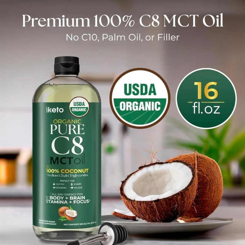 زيت  MCT C8 oil من Keppi – نقي عضوي 100% من جوز الهند (16 أونصة) 470 مل